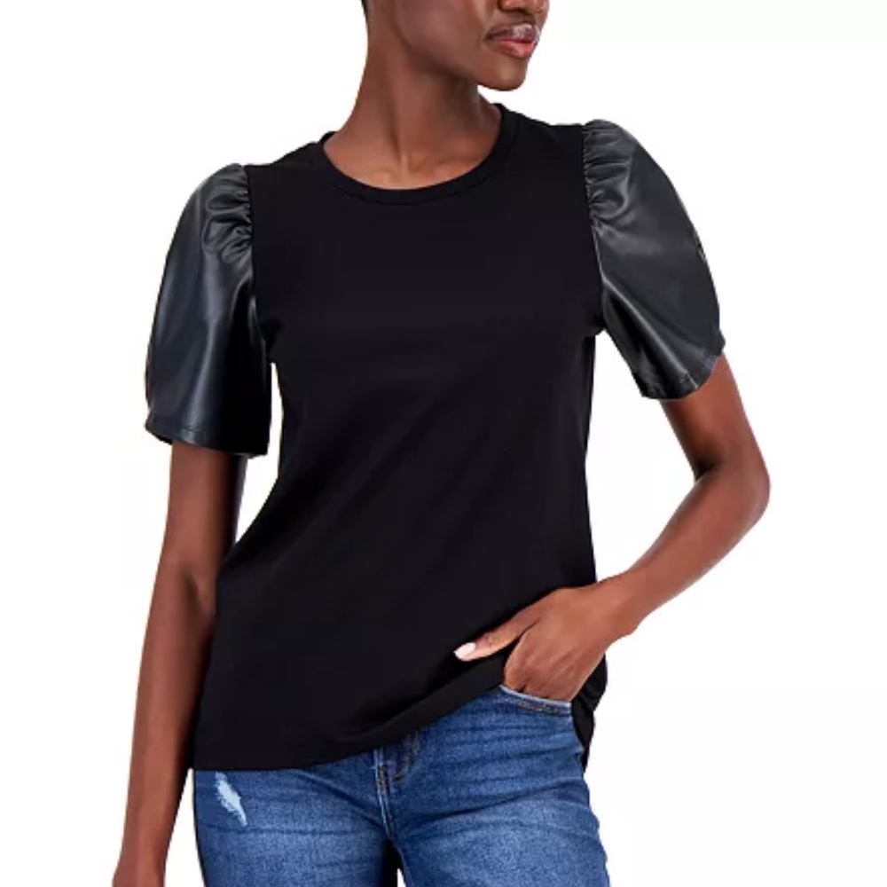 Nine West Black fitted blouse with puff sleeves and crew neck